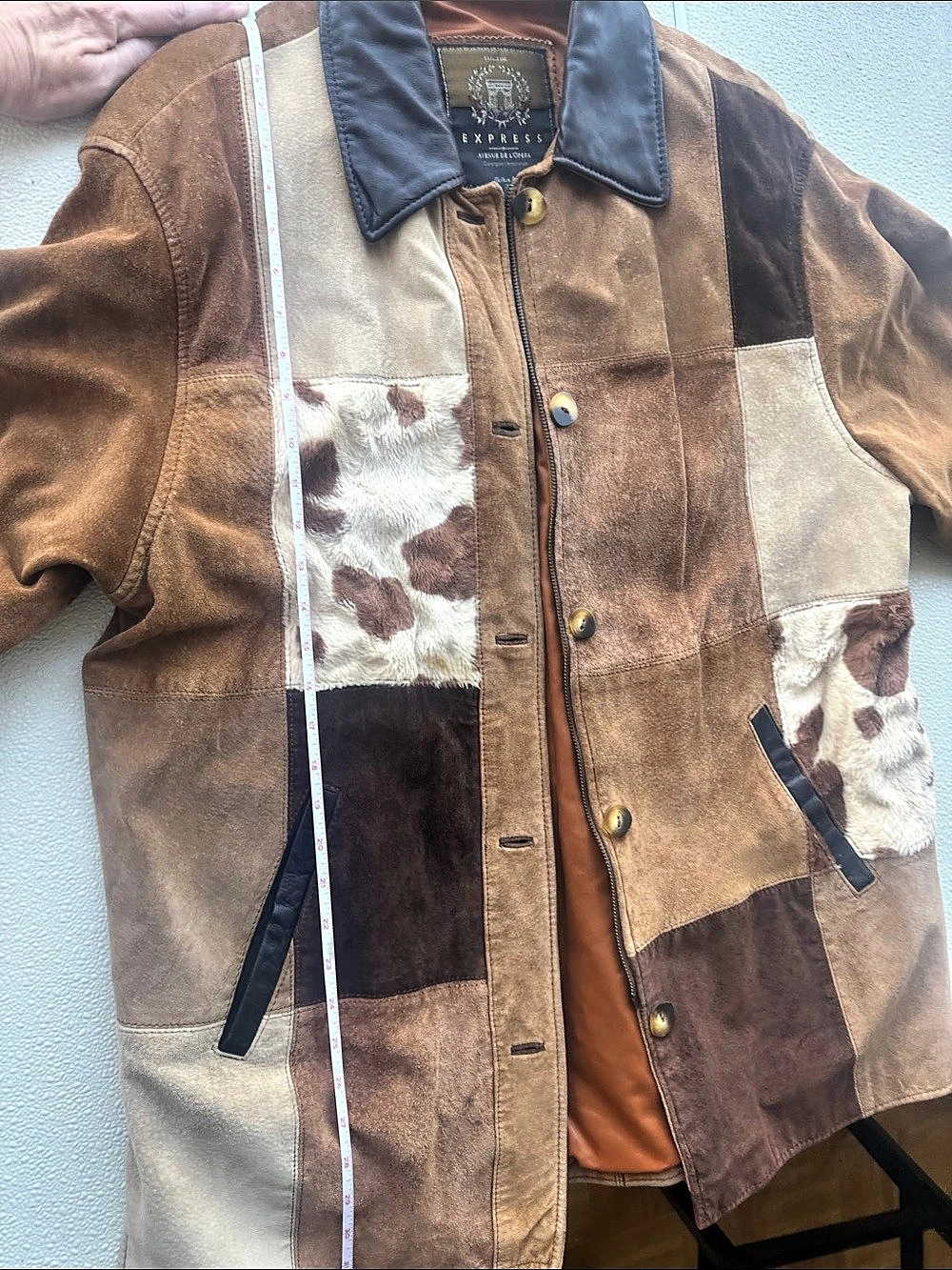 Vintage Express Patchwork Suede Leather Cow Print Coat Y2K Western Boho Size Med - Picture 9 of 11